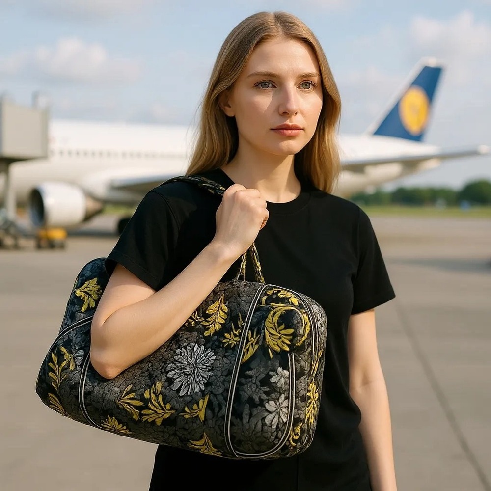Vera Bradley Floral Grand Traveler Bag Yellow Gray Black Quilted Duffle